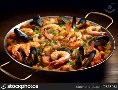 Traditional seafood paella with various sea products in frying pan.AI Generative.