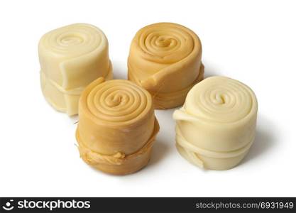 Traditional Slovak semi fat, steamed and smoked cheese, called Parenica on white background
