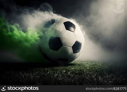 Traditional soccer ball on soccer field on green grass with dark toned foggy background. Neural network AI generated art. Traditional soccer ball on soccer field on green grass with dark toned foggy background. Neural network generated art