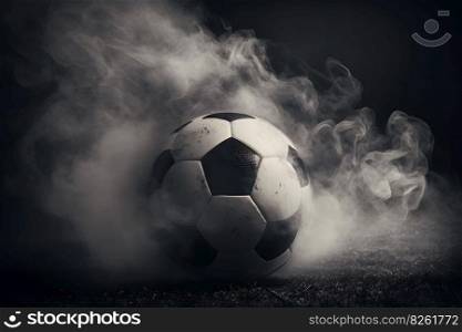 Traditional soccer ball on soccer field on green grass with dark toned foggy background. Neural network AI generated art. Traditional soccer ball on soccer field on green grass with dark toned foggy background. Neural network generated art