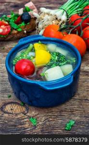 traditional soup of fresh vegetables in blue pot