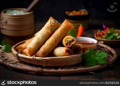 Traditional spring rolls on a wooden rustic table. Asin cousine concept. Generative AI.