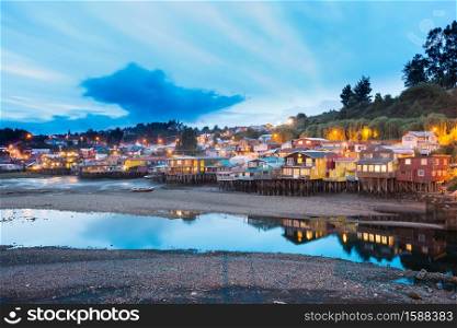 Traditional stilt houses know as palafitos in the city of Castro at Chiloe Island in Southern Chile