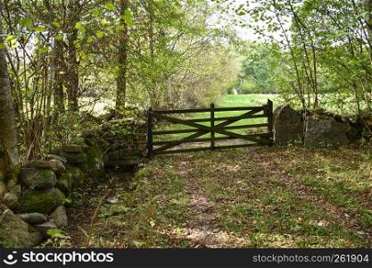 Traditional stone wall and an old wooden gate at the swedish island oland