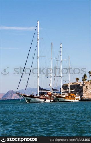 Traditional style yachts moored in Kos harbour, Greece
