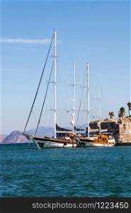 Traditional style yachts moored in Kos harbour, Greece