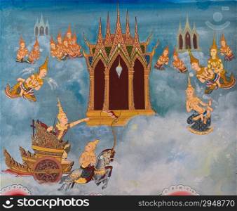 Traditional Thai mural painting of the Life of Buddha on temple wall