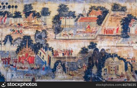 Traditional Thai mural painting of the Life of Buddha on temple wall