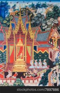 Traditional Thai mural painting on temple wall