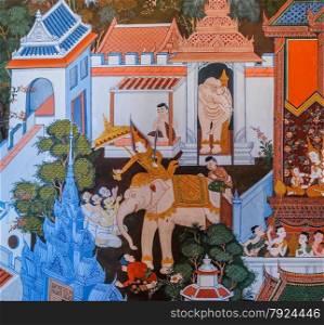 Traditional Thai mural painting on temple wall