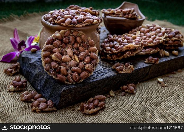 Traditional Thai Snack : Peanut crackers made from nuts and flour to fry, Deep Fried Bean cookies peanut, Oblique view from the top,