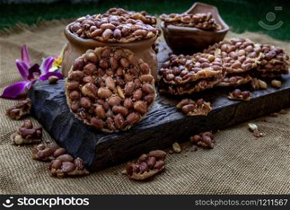 Traditional Thai Snack : Peanut crackers made from nuts and flour to fry, Deep Fried Bean cookies peanut, Oblique view from the top,