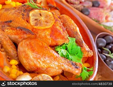 Traditional Thanksgiving dinner with tasty fried turkey as main dish, festive food in luxury restaurant, great family holiday, autumn holidays concept&#xA;