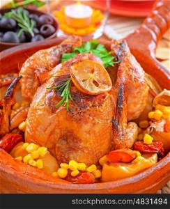 Traditional Thanksgiving dinner with tasty fried turkey as main dish, festive food in luxury restaurant, great family holiday, autumn holidays concept&#xA;