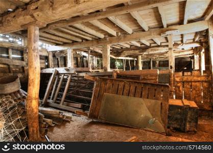 Traditional timber-framed cowshed, Worcestershire, England.
