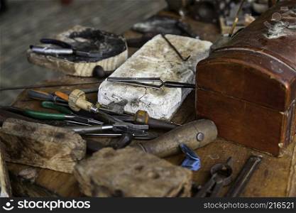 Traditional tools for leather, detail of manual and traditional art, crafts. Traditional tools for leather