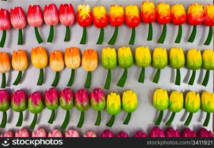 Traditional tulips made of wood in Amsterdam shop