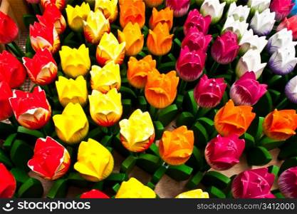 Traditional tulips made of wood in Amsterdam shop