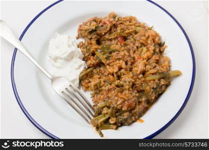 Traditional Turkish and East Mediterranean home-cooked minced beef and spinach, kymali ispanak, a popular comfort food.