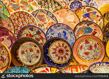 Traditional Turkish ceramic plates in bazaar