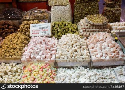 Traditional Turkish delight sweets at the Spice Market (Egyptian Market) in Istanbul, Turkey