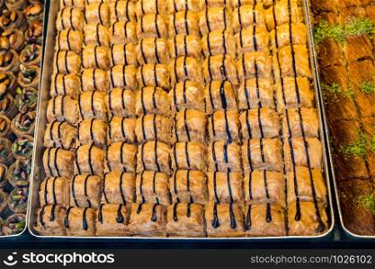 Traditional Turkish dessert Baklava in tray from Istanbul Turkey