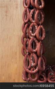 Traditional Turkish dried sausages in view. Traditional Turkish style dried sausages in view