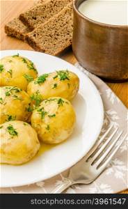 Traditional Ukrainian food boiled new potatoes with butter and dill. Traditional Ukrainian food boiled new potatoes with butter and dill on wooden table