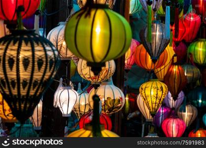 Traditional Vietnamese colorful lanterns at night on the streets of Hoi An, Vietnam