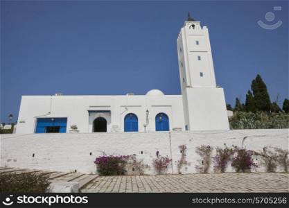 Traditional white and blue building against clear sky; Tunis; Tunisia