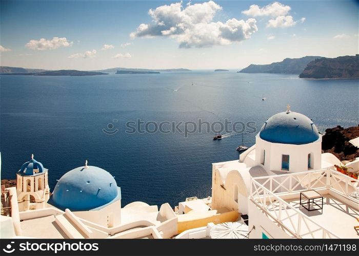 traditional white architecture over the Caldera, Aegean sea. Scenic travel background, Santorini