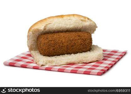 Traditional white bun with a Dutch kroket, called broodje kroket isolated on white background. Traditional white bun with a Dutch kroket, called broodje kroket