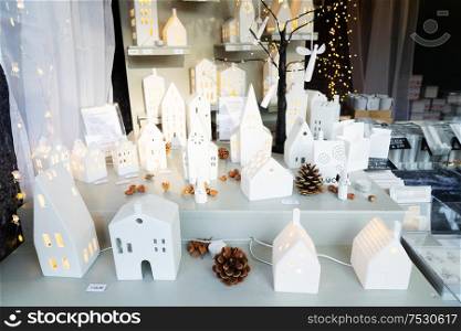 traditional white christmas lightning, christmas market shop in Vienna. Decorated advent candles