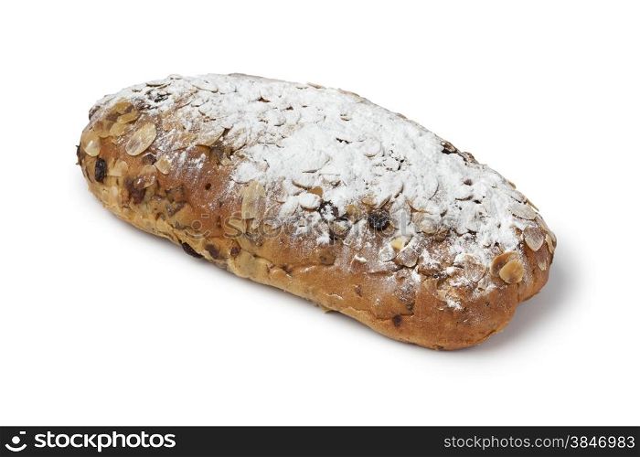 Traditional whole dutch easter bread covered with sugar on white background