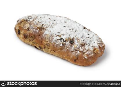 Traditional whole dutch easter bread covered with sugar on white background