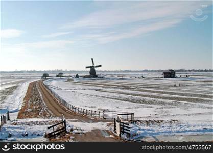 Traditional windmill in the countryside from the Netherlands in winter