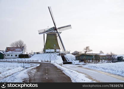 Traditional windmill in the countryside from the Netherlands in winter