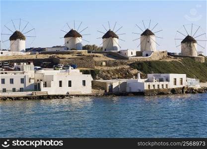 Traditional windmills in a row, Mykonos, Cyclades Islands, Greece