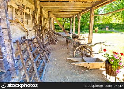 Traditional wooden cottage and agricultural tools in rural region of Croatia, Zagorje