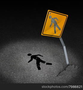 Traffic accident injury concept as a damaged road sign with a person pedestrian symbol fallen on the floor with broken bones and physical pain after a car crash as a metaphor for accident insurance or drunk driving dangers.