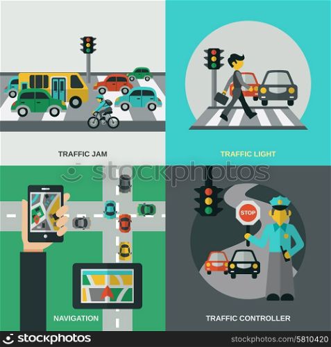 Traffic design concept set with navigation light controller flat icons isolated vector illustration. Traffic Concept Set