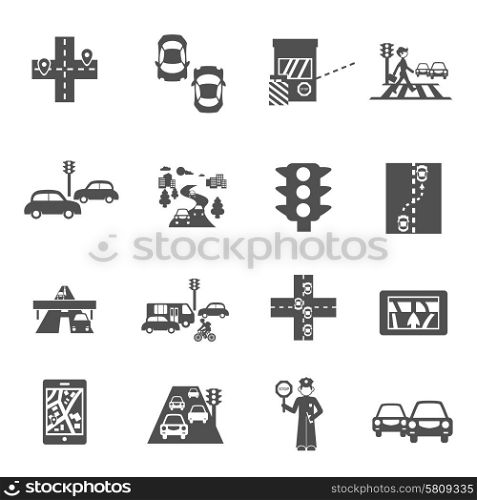 Traffic icons black set with cars navigation and policeman isolated vector illustration. Traffic Icons Set