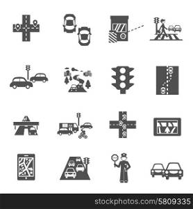 Traffic icons black set with cars navigation and policeman isolated vector illustration. Traffic Icons Set