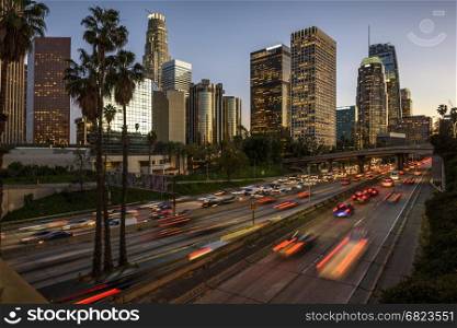 Traffic in downtown Los Angeles, California at sunset