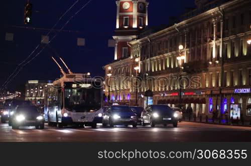 Traffic in the evening in Nevsky Avenue, St. Petersburg, Russia.