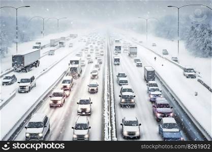 traffic jam in a snow storm. Neural network AI generated art. traffic jam in a snow storm. Neural network AI generated