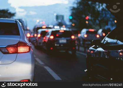 traffic jam many cars stuck on road in evening time off working hours.