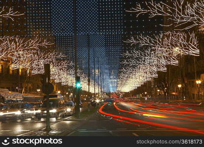 Traffic Light Trails on Decorated Street