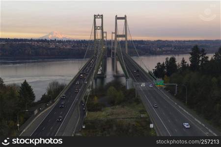 Traffic makes way across the bridge over Puget Sound in Washington State between Tacoma and Gig Harbor