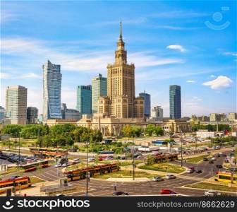 Traffic near Palace of Culture and Science and skyscrapers in Warsaw, Poland